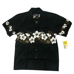 Favant Mens‎ Hibiscus Band Aloha Shirt Black Cotton Hawaiian Camp Button Up M